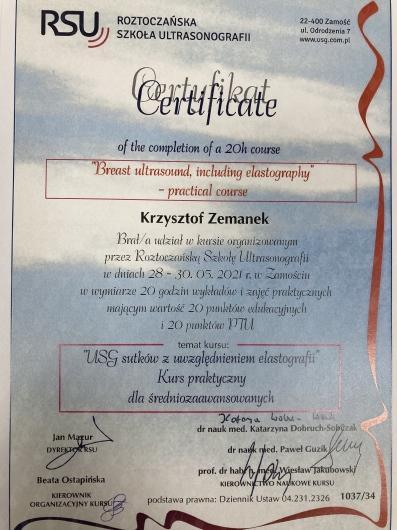 cetryfikat ultrasonografii Krzysztof Zemanek